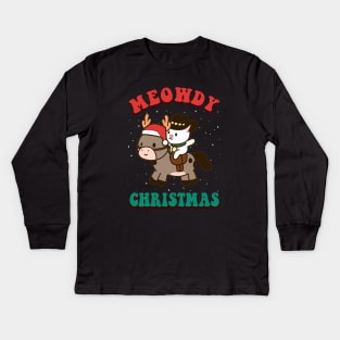 Meowdy Christmas Cute Cowboy Cat Riding A Reindeer Horse Pun Kids Long Sleeve T-Shirt